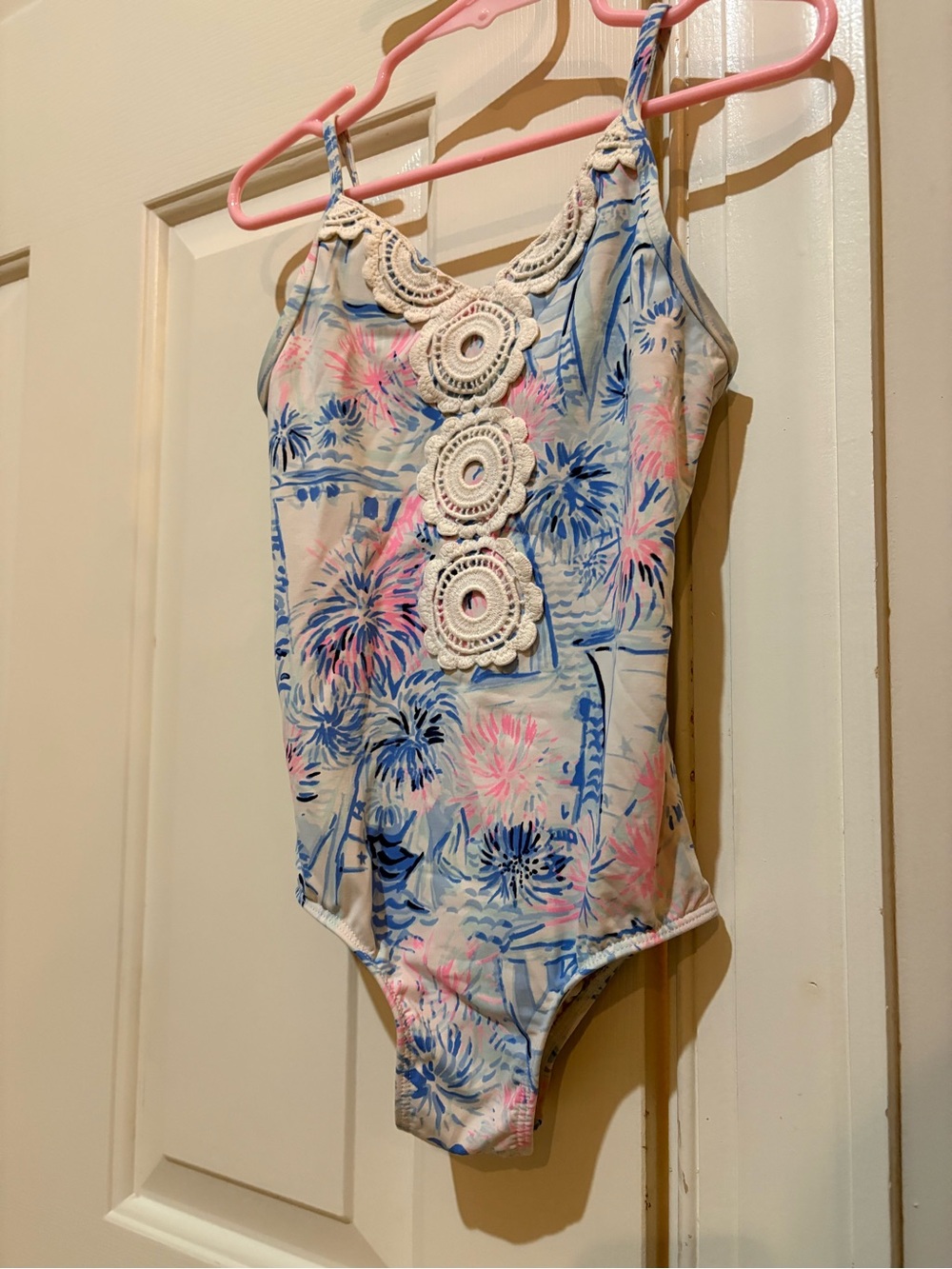 Little girl- Lilly Pulitzer Pink and Blue Floral Crochet-Trim One-Piece Swim